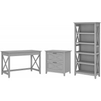 Bush Furniture Key West Writing Desk with 2 Drawer Lateral File Cabinet and 5 Shelf Bookcase 48W Cape Cod Gray