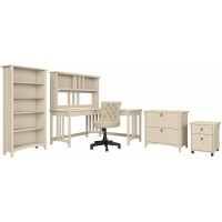 Bush Furniture Salinas L Shaped Desk and Chair Set with Hutch File Cabinets and Bookcase 60W Antique White