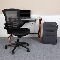 Flash Furniture Work From Home Kit Glass Desk with Keyboard Tray Ergonomic Mesh Office Chair and Filing Cabinet with Lock & Inset Handles