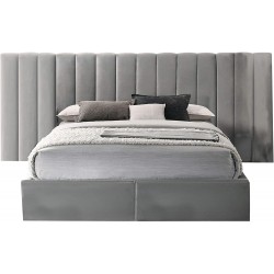 Benjara Queen Size Vertically Stitched Headboard with 2 Drawers Footboard Gray