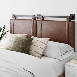 Nathan James Harlow Wall Mount Faux Leather or Fabric Upholstered Headboard Adjustable Height Vintage Brown Straps with Black Matte Metal Rail King