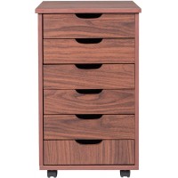 Drawer Chest Cabinet Mobile File Cabinet with Wheels Home Office Storage Dresser Cabinet Dark Walnut 6-Drawer