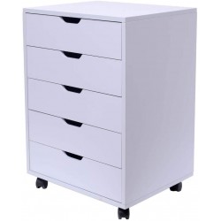Wood 5 Drawers Filing Cabinet for Home Office Mobile Cabinet on Wheels to Storage documents in Different Categories Storage Cabinet for Closet，White