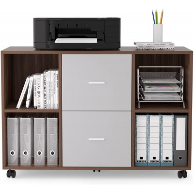 Wooden File Cabinet with 2 Drawer Movable Sideboard with Wheels Storage Table with Open File Shelves Storage for Office Home 38 * 15 Inch Wood Color w Light Grey Drawer