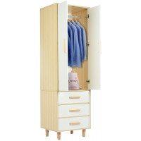 QAZQ 76'' Modern Minimalist Tall Free Standing Closet Wardrobe Bedroom Armoires w 2-door & 3 Drawers & Hanger Rod & 4 Legs 4 Layer Wooden Wardrobe for Bedroom Entryway Organizer Oak
