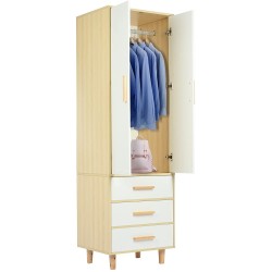 QAZQ 76'' Modern Minimalist Tall Free Standing Closet Wardrobe Bedroom Armoires w 2-door & 3 Drawers & Hanger Rod & 4 Legs 4 Layer Wooden Wardrobe for Bedroom Entryway Organizer Oak