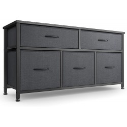 CubiCubi Dresser for Bedroom Tall Wide Storage Organizer 5 Drawer Dresser for Bedroom Hallway Sturdy Steel Frame Wood Top Black Grey
