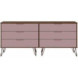 Manhattan Comfort Rockefeller Mid Century 6-Drawer Double Low Dresser with Metal Legs Native and Rose Pink