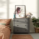 VASAGLE 3-Drawer Dresser Chest of Drawers Bedside Table with Solid Wood Legs for Bedroom Living Room Office Entryway Gray URCD33GY
