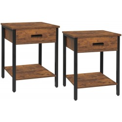 IWELL Nightstand Set of 2 End Table 2 Tier Side Table with Drawer and Shelf Bedside Table for Bedroom Small Space Rustic Brown