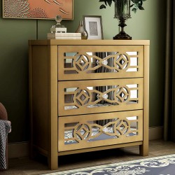 Nightstand Wood Storage Cabinet Storage Unit with 3 Drawers and Decorative Mirror Retro Gold