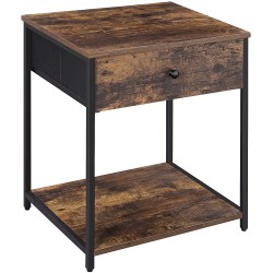 SONGMICS Nightstand Industrial Bedside Table with Drawer 2 Shelves Wooden Top and Front Rustic Brown + Black