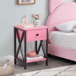 VECELO Modern X-Design Night Stand Versatile Nightstands End Side Table with Drawer& Storage Shelf 1 PCS Pink