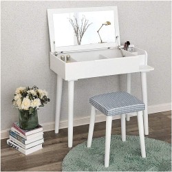BUYT Vanity Table Set Makeup Vanity Flip Top Mirror Makeup Dressing Table Writing Desk with Drawers Cushioned Stool Vanity Benches for Bedroom Dressing Makeup Table