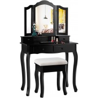Giantex Vanity Table Set with Tri-Folding Mirror and 4 Drawers Modern Bedroom Bathroom Dressing Table Makeup Desk with Cushioned Stool for Women Girls Black