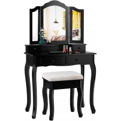 Giantex Vanity Table Set with Tri-Folding Mirror and 4 Drawers Modern Bedroom Bathroom Dressing Table Makeup Desk with Cushioned Stool for Women Girls Black