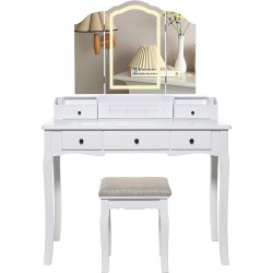 Iwell Large Vanity Table Set with 3-Folding Lighted Mirror 5 Drawers Makeup Vanity Dressing Table with Cushioned Vanity Stool White for Wife Girl Mother