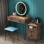 LVSOMT Vanity Desk Set with Lighted Mirror Makeup Vanity with Drawers Small Vanity Table for Bedroom Brown