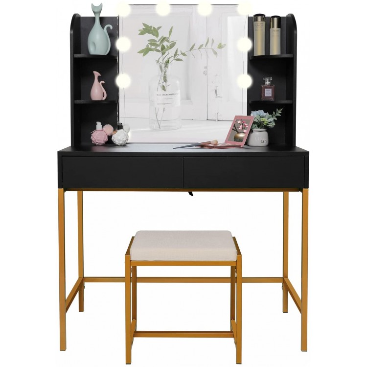 USIKEY Vanity Set with 10 LED Lights Makeup Table with 6 Storage Shelves & 2 Drawers Vanity Table with Cushioned Stool Makeup Vanity Table for Women Girls Bedroom Gold-Black