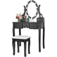 VIVOHOME Makeup Vanity Set with 10 Dimmable LED Bulbs Dressing Table with 360° Rotating Lighted Mirror and Cushioned Stool Black