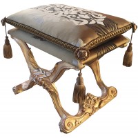 YICOL Backless Vanity Stool Baroque Upholstered Bench Burnished Beech Wood and Tassel Ornaments Brown Silk Cushion 55x45x51cm