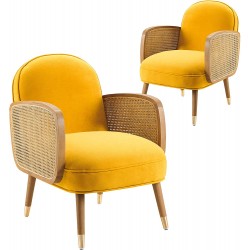 Art Leon Mid Century Modern Velvet Upholstered Oak Weave Armrs Accent Chair with Oak Wood Legs Living Room Chair Yellow Set of 2