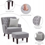 HUIMO Accent Chair with Ottoman and Pillow Living Room Club Chair and Ottoman Set with Bronzer Nail Head Trim Wooden Legs Upholstered Button Tufted Armchair Comfy Reading Chair for Bedroom Grey