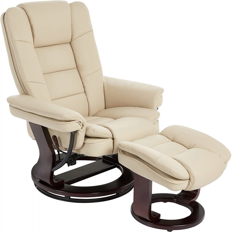 JC Home Argus Stressless Leather Recliner with Ottoman Mahogany Wood Base Ultra-Plush Double Foam Layered Reclining Bonded Leather Chair for Living Room and Office Vanilla