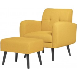 JustRoomy Living Room Chair with Ottoman Modern Yellow Accent Chair with Footrest Fabric Armchair Footstool Set for Bedroom Upholstered Comfy Chair with Removable Seat Cushion & Wooden Legs Yellow