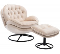 LoLado Velvet Cozy Chaise Lounge Indoor Oversized Swivel Reading Chair with Footrest Accent Chair with Ottoman Set for Living Room Bedroom Reading Room Home Office Metal Base Frame Beige