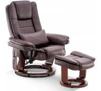 Mcombo Recliner with Ottoman Chair Accent Recliner Chair with Vibration Massage Removable Lumbar Pillow 360 Degree Swivel Wood Base Faux Leather 9096 Dark Brown