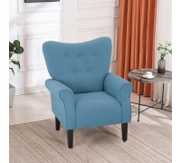 Mellcom Mid Century Wingback Arm Chair,Modern Upholstered Fabric High Back Accent Chair with Wood Legs,Upholstered Single Sofa Club Chair for Living Room Bedroom Home Office Blue