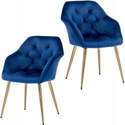 ZHENGHAO Velvet Accent Chairs Set of 2 Tufted Upholstered Armchair Mid Century Modern Living Room Chair with Gold Legs Comfy Retro Lounge Chair for Bedroom Vanity Royal Blue