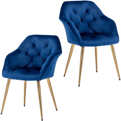 ZHENGHAO Velvet Accent Chairs Set of 2 Tufted Upholstered Armchair Mid Century Modern Living Room Chair with Gold Legs Comfy Retro Lounge Chair for Bedroom Vanity Royal Blue