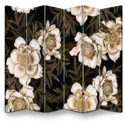 6Panels Screen Room Divider Floral Seamless Garden Flowers Peonies and Leaves Black and Print Gold Folding Canvas Screen Privacy Partition Indoor Separator Freestanding Protective Wall Divider