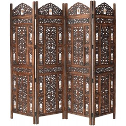 Cotton Craft Ghanti Bells Antique Brown 4 Panel Handcrafted Wood Room Divider Screen 72x80 With Tiny Bells Intricately Carved On Both Sides