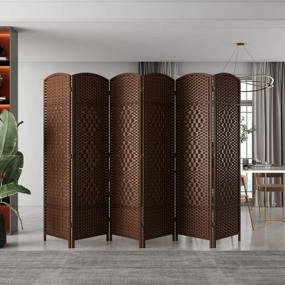 JAXSUNNY 6 Panel Room Divider Weaved Double Hinged,Folding Pprivacy Partial Partition Freestanding Room Screen in Vintage Style Dark Brown