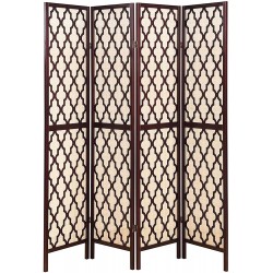 Legacy Decor 4 Panel Wooden Fabric in-Lay Screen Room Divider with Decorative Cut Outs Espresso Color
