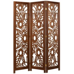 Legacy Decor Solid Wood with Decorative Floral Cutouts 3 Panel Room Divider 67" Tall Walnut Brown Color