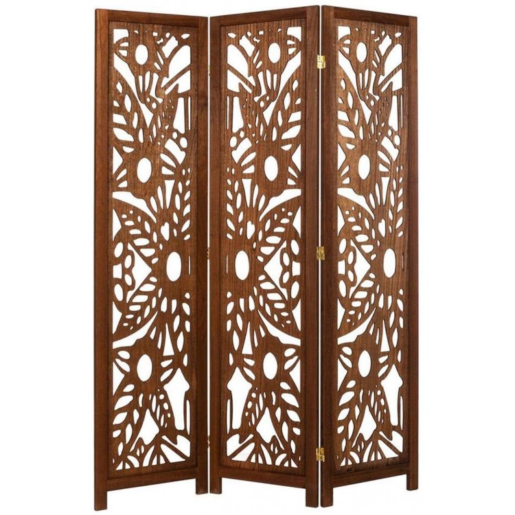 Legacy Decor Solid Wood with Decorative Floral Cutouts 3 Panel Room Divider 67" Tall Walnut Brown Color