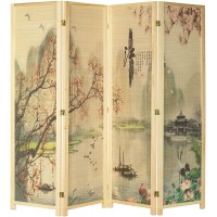 MyGift 4-Panel Asian-Inspired Bamboo-Screen Cherry Blossom Scene Room Divider