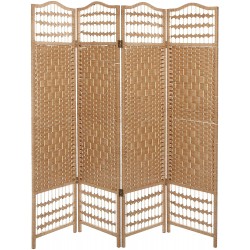 MyGift 4 Panel Beige Wood Woven Design Decorative Partition Folding Screen Privacy Room Divider