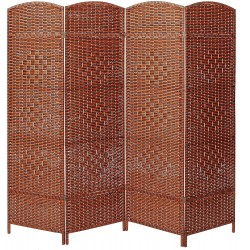 MyGift 4 Panel Room Divider Screen with Decorative Woven Brown Wood Divider for Room Separation Privacy Partition Screen