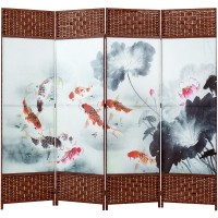 MyGift 4-Panel Woven Wood Room Divider Wall Partition Screen with Koi Fish and Lotus Pond Design