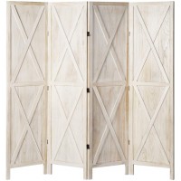 oneinmil 4 Panel Wood Room Divider 5.8 Ft Tall Folding Privacy Screens Room Divider Freestanding Partition Wall Dividers Rustic Barnwood White