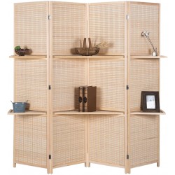 RHF 6 ft Tall Extra Wide Beige Woven Bamboo Room Divider&Room dividers and Folding Privacy Screens,Partition Wall with 2 Display Shelves&Room Divider with Shelves-Bamboo -4 Panels 2 Shelves