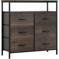 6 Drawer Dresser Fabric Chest of Drawers with 2 Tier Wood Shelves Industrial Storage Dresser Tall Nightstand for Closets Living Room Bedroom Hallway Dark Brown