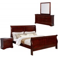 Benjara Bed Queen Size Sleigh Wooden 4 Piece Bedroom Set Brown