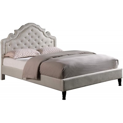 HomeLife Premiere Classics 51" Tall Platform Bed with Cloth Headboard and Slats Queen Light Beige Linen
