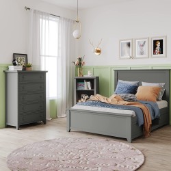 Polibi 3pcs Bedroom Furniture Set Bedroom Set with Full Size Storage Platform Bed Adjustable Bookcase Shelves and 5-Drawer Cabinet Grey